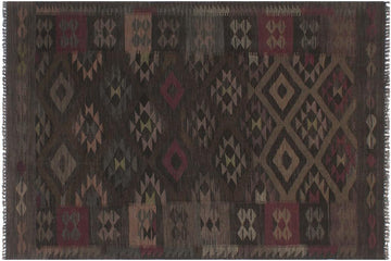 Flat Weave Kilim, Antique, Navaho, Vintage, Handmade, Geometric Kilim Charcoal Brown Hand-Woven Rectangle 100% Wool Area Rug 6 x 8